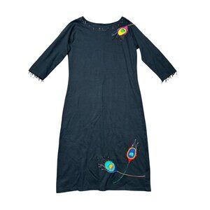 Michael Simon Women's Sz M Dress Lite Peacock Feather Embroidered 3/4 Sleeve
